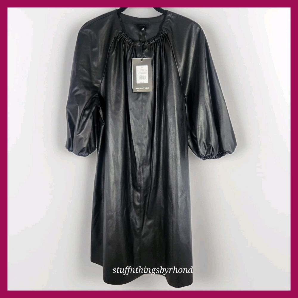 NWT Who What Wear Black Vegan Faux Leather Puff Sleeve Mini Shift Womens Size‎ M